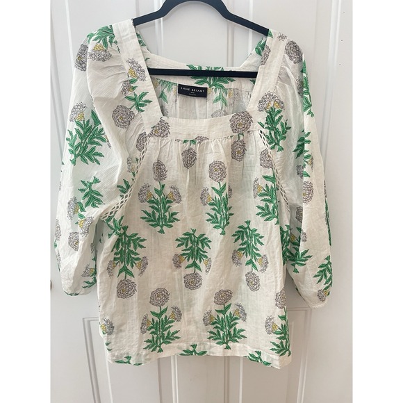 Lane Bryant Tops - Lane Bryant Floral Blouse Cream Green Square Neck Long Sleeve Boho Top